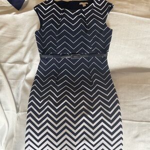 Elegant Belted Chevron Blue and White Midi Dress